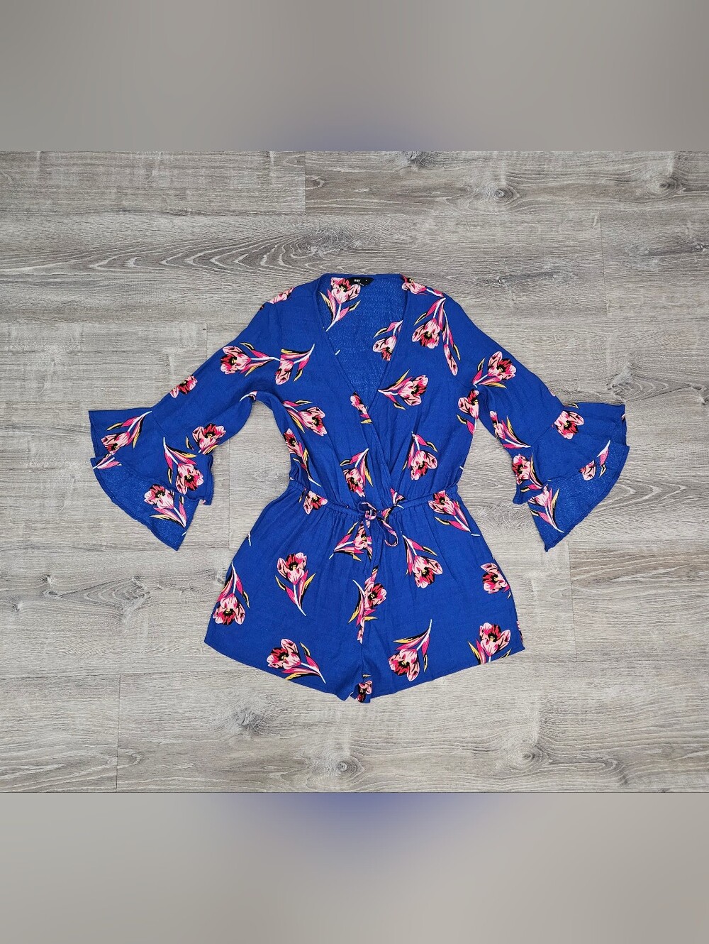 Express Blue Floral Wrap Romper Bell Sleeves Summer Boho Festival Romantic M